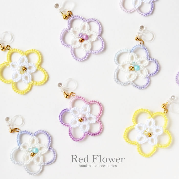 キラキラ輝く お花 樹脂イヤリング レース編み 大ぶり 花 Redflower Booth