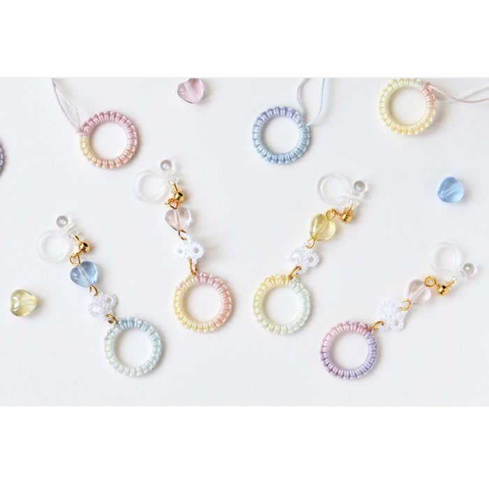 リングとハート 樹脂イヤリング レース編み 揺れる