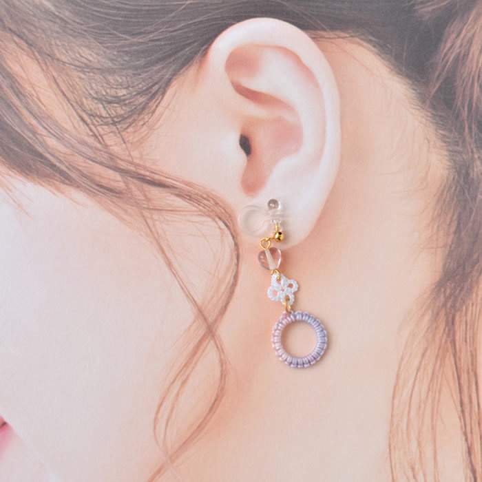 リングとハート 樹脂イヤリング レース編み 揺れる