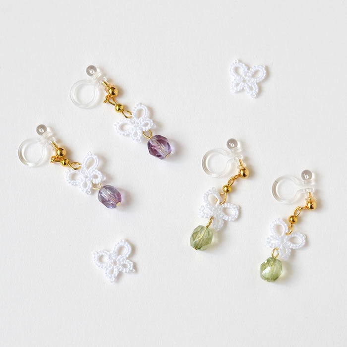 【限定色】蝶々 樹脂イヤリング レース編み タティングレース 揺れる