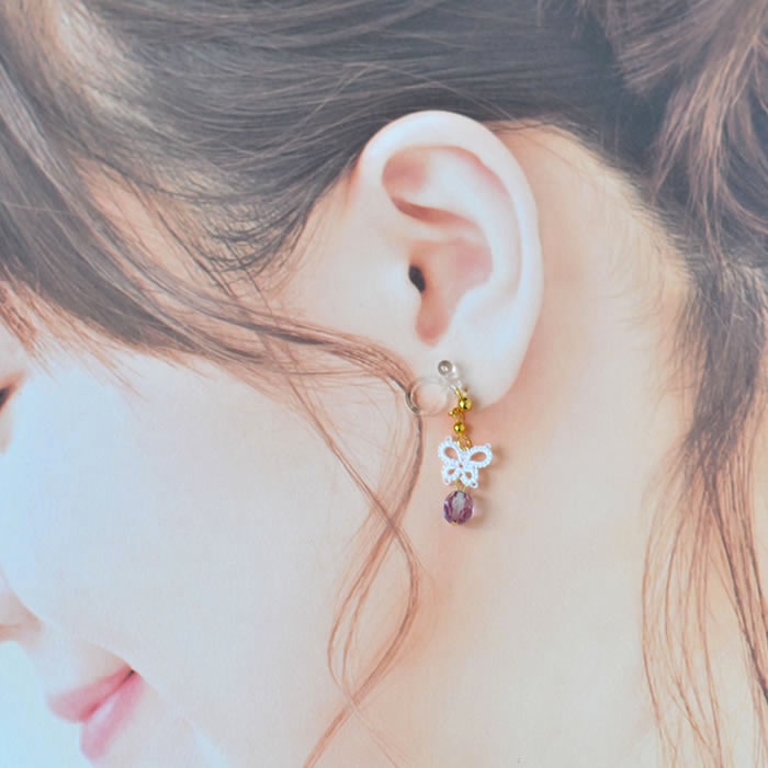 【限定色】蝶々 樹脂イヤリング レース編み タティングレース 揺れる