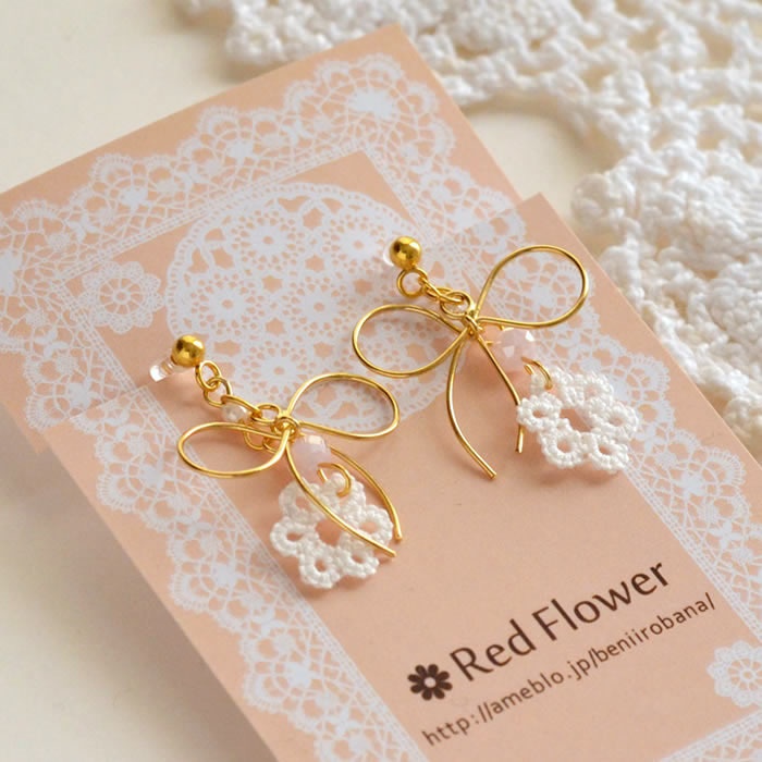 お花とリボンの ピアス / イヤリング(ピンク)揺れる かわいい フラワー りぼん