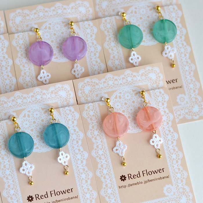 花 マーブルカラー 樹脂イヤリング ノンホールピアス 揺れる