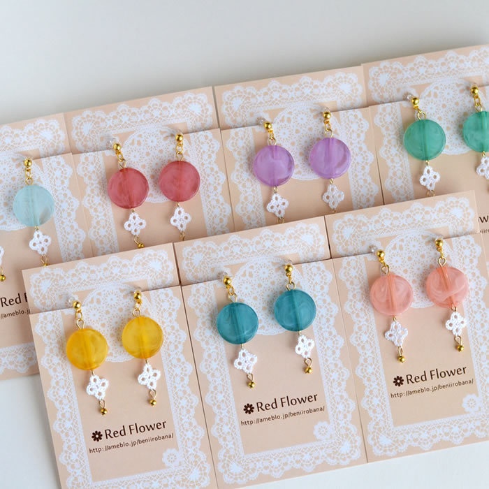 花 マーブルカラー 樹脂イヤリング ノンホールピアス 揺れる