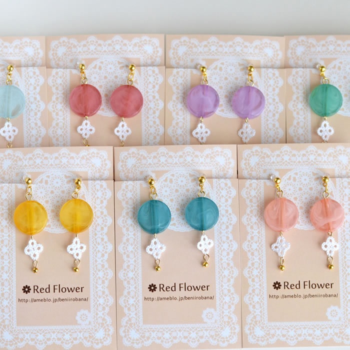 花 マーブルカラー 樹脂イヤリング ノンホールピアス 揺れる