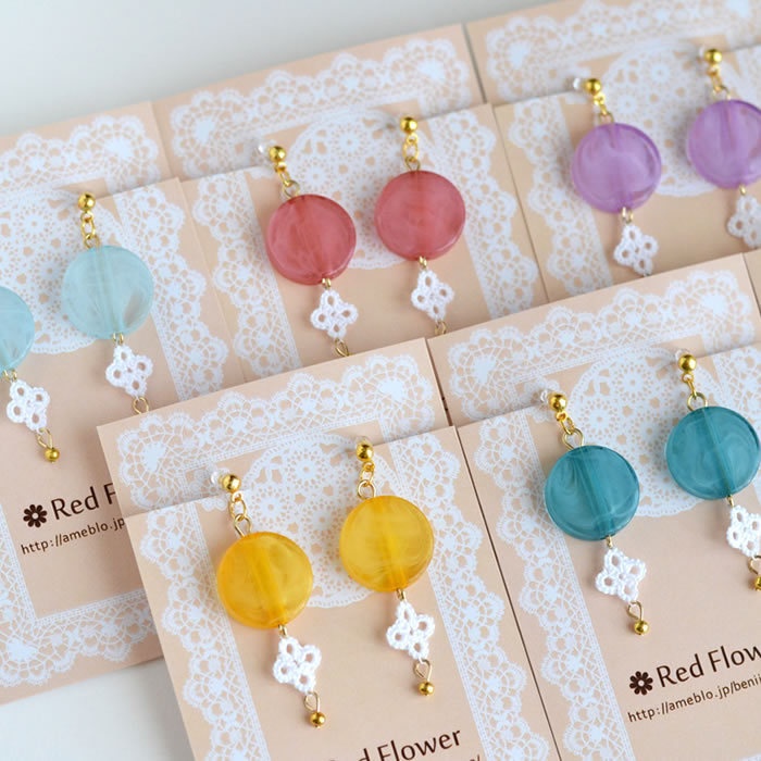 花 マーブルカラー 樹脂イヤリング ノンホールピアス 揺れる