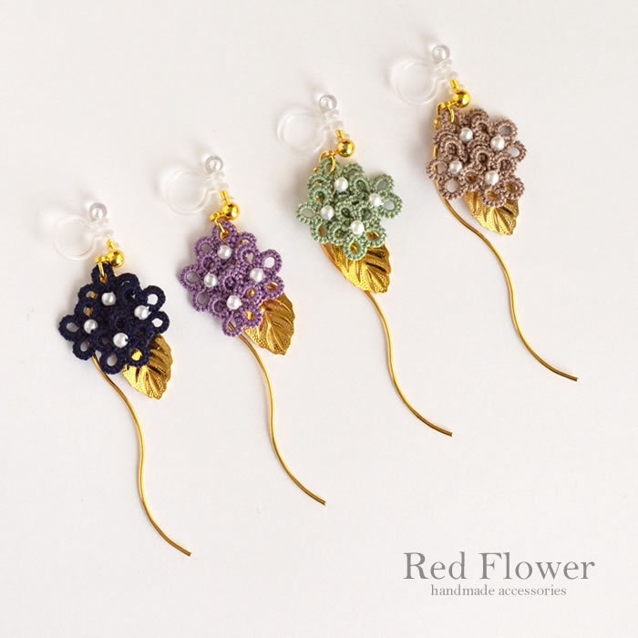 花 フラワー 樹脂イヤリング ノンホールピアス パール 揺れる くすみカラー