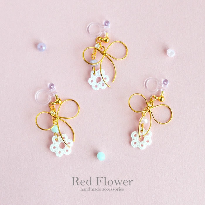 お花とリボン イヤリング ノンホールピアス