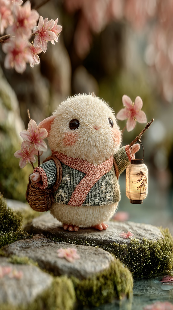 🌸 もふ桜ランタン - 癒しの和風ファンタジー・スマホ壁紙（2448×4368px 高画質）