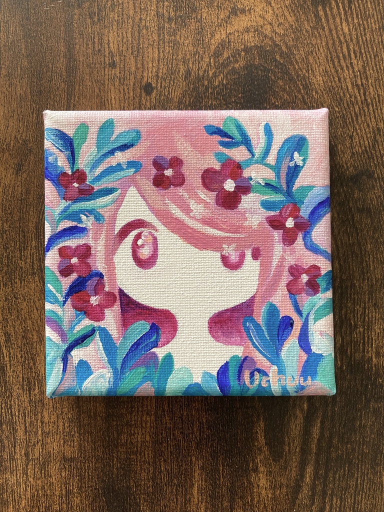 【原画】草花の女の子(pink) ミニキャンバス