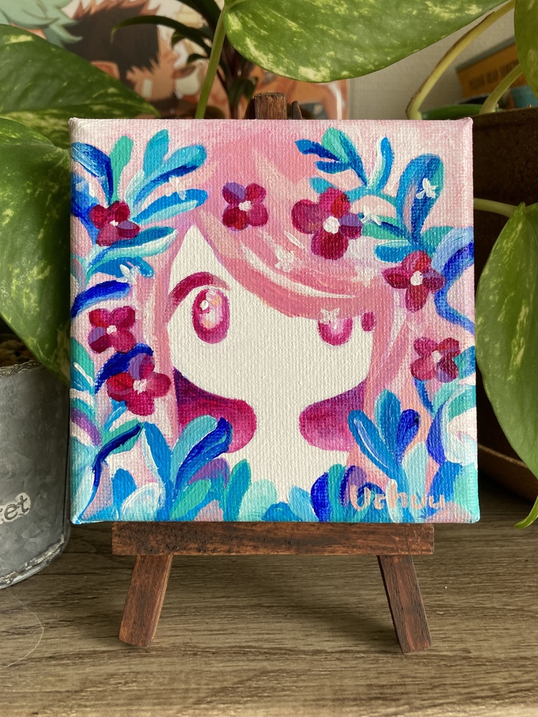 【原画】草花の女の子(pink) ミニキャンバス