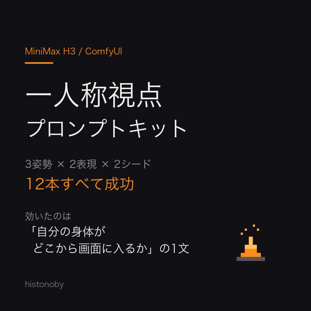 【MiniMax H3 / ComfyUI】一人称視点プロンプトキット｜12/12で成功した雛形＋姿勢カタログ7種＋実測データ