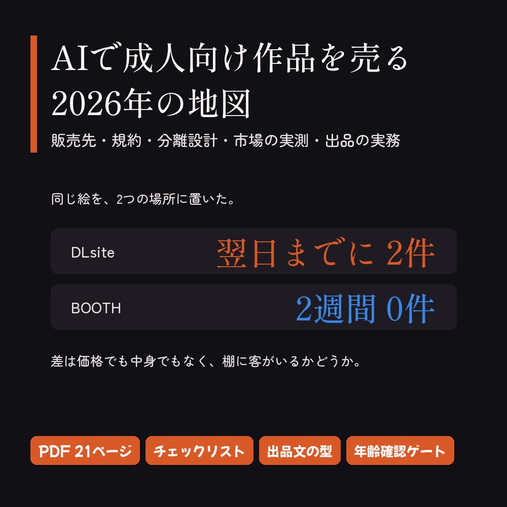 AIで成人向け作品を売る 2026年の地図｜販売先・規約・分離設計・市場の実測＋出品の道具【DLsite / FANZA / BOOTH】