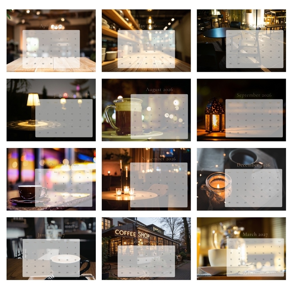 夜カフェカレンダー Night Cafe Calendar 2026.4–2027.3 4月始まり(A5・PDF)
