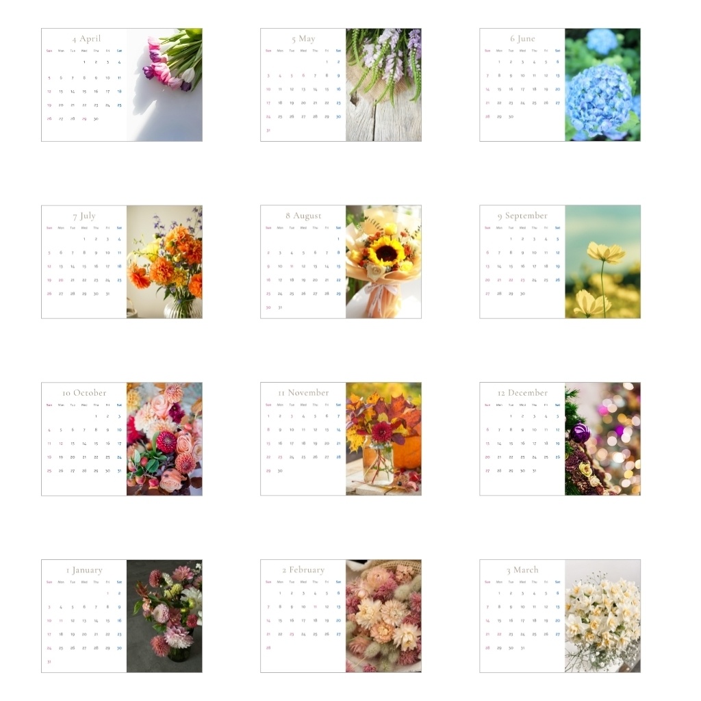 フラワーカレンダー Flower Calendar 2026.4–2027.3 4月始まり(A5・PDF)