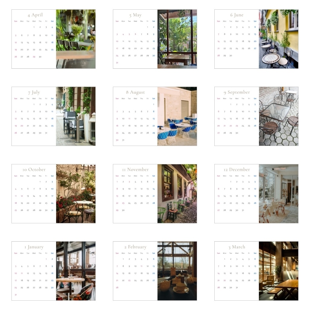カフェの風景カレンダー Cafe Scenes Calendar 2026.4–2027.3 4月始まり(A5・PDF)