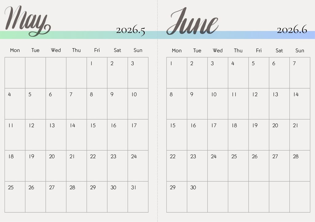 【無料配布】 シンプルカレンダー 2026.5〜6(A5・JPEG)2ヶ月表示|1ページ