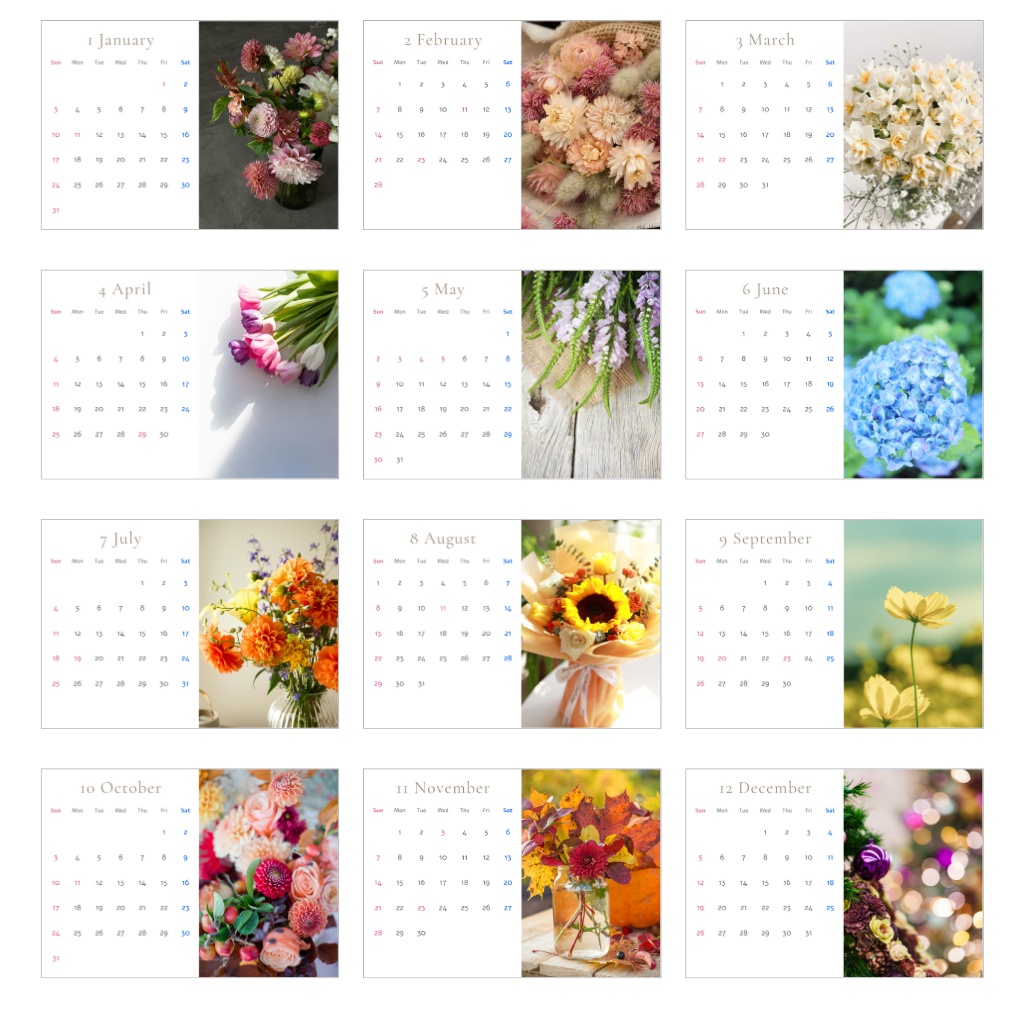 フラワーカレンダー 2027|Flower Calendar|1月始まり・日曜始まり(A5・PDF)