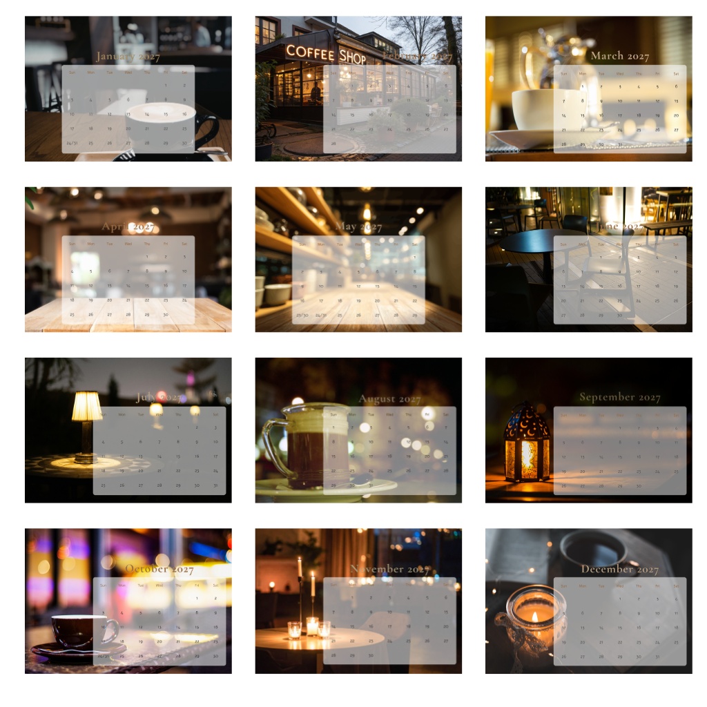 夜カフェカレンダー 2027|Night Cafe Calendar|1月始まり・日曜始まり(A5・PDF)