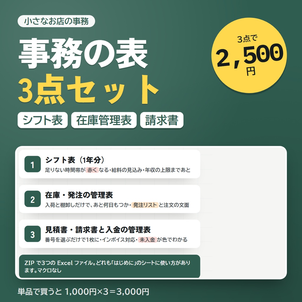 小さなお店の事務3点セット｜シフト表・在庫と発注・見積書と請求書（インボイス対応）