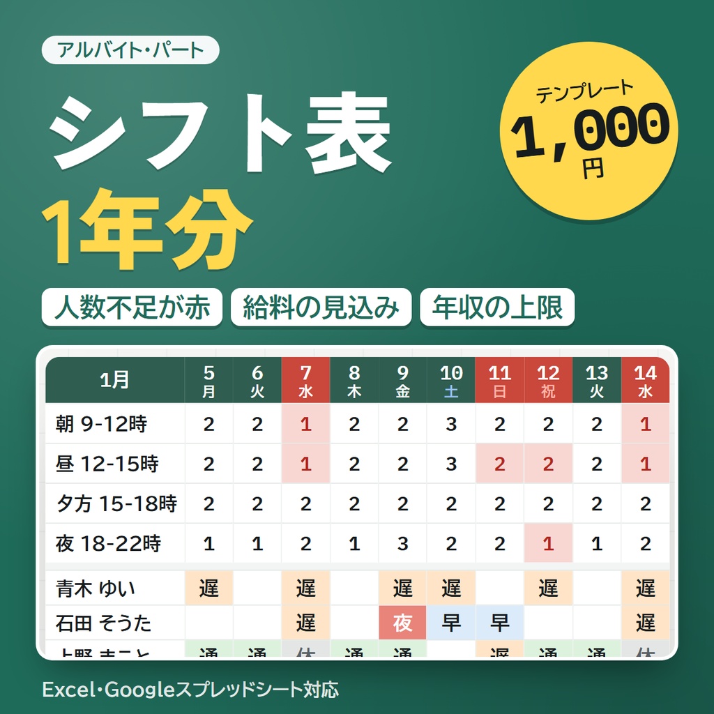 アルバイト・パートのシフト表(1年分)|足りない時間帯が赤くなる・給料の見込みも自動(Excel)