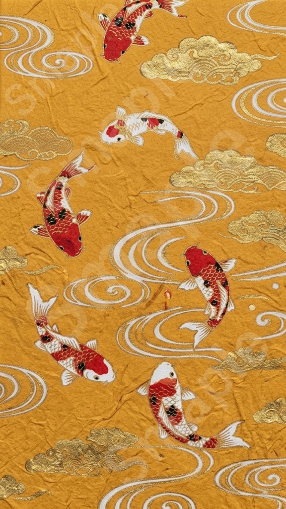 スマホ壁紙・和柄、鯉の千代紙風【オレンジ】Japanese Pattern Koi – Orange / Smartphone Wallpaper