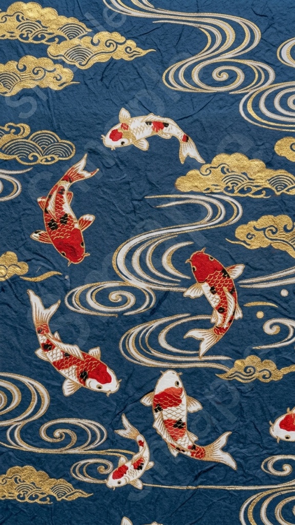 スマホ壁紙・和柄、鯉の千代紙風【藍色】Japanese Pattern Koi – Indigo / Smartphone Wallpaper