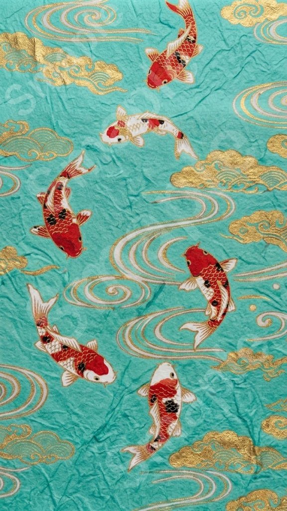 スマホ壁紙・和柄、鯉の千代紙風【水色】Japanese Pattern Koi – Light Blue / Smartphone Wallpaper