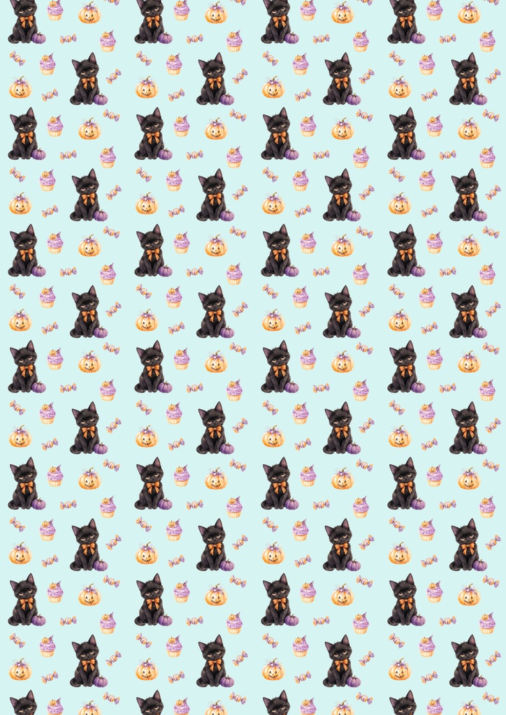 黒猫のハロウィンパーティー♡　ブルー　デジタルペーパー　デザインペーパー　シームレスペーパー　壁紙　背景画像
