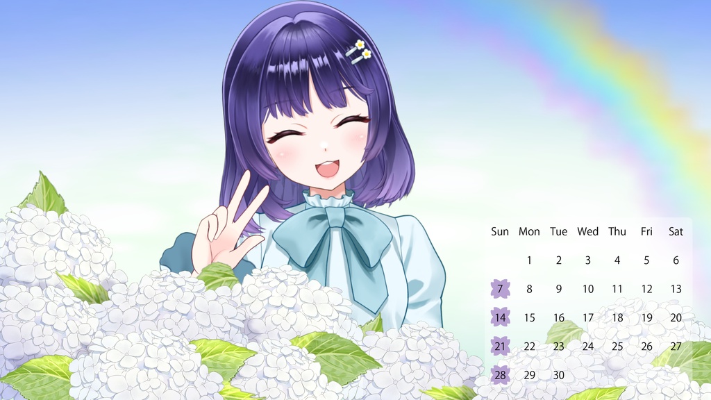 【フリー素材】虹の空とアジサイ・スマホ・PC壁紙/おはVテンプレート