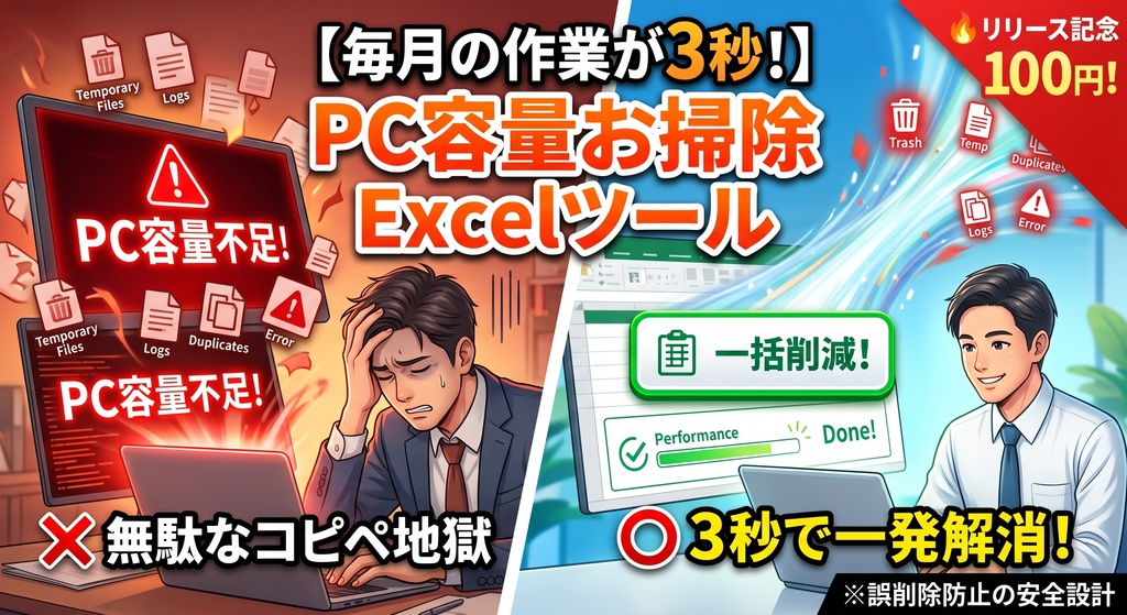 【100円で即解決】PCの容量不足・重い動作をスッキリ解消!目標容量を入れるだけで古いファイルを自動整理するExcelツール