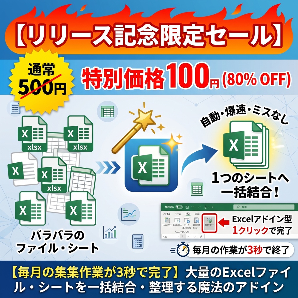 【毎月の集計作業が3秒で完了】大量のExcelファイル・シートを一括結合・整理する魔法のアドイン