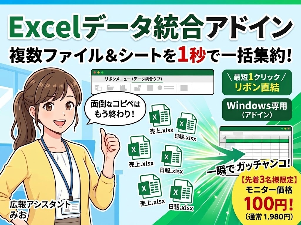 【毎月の集計作業が3秒で完了】大量のExcelファイル・シートを一括結合・整理する魔法のアドイン