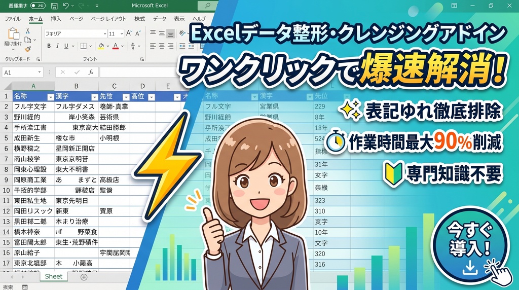 【Excelデータ整形・クレンジングアドイン】 〜「表記ゆれ・スペース・文字化け」の修正作業をワンクリックで爆速解消!〜