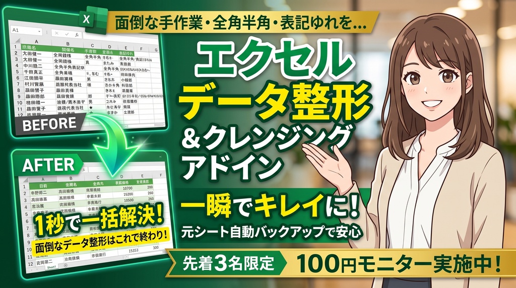 【Excelデータ整形・クレンジングアドイン】 〜「表記ゆれ・スペース・文字化け」の修正作業をワンクリックで爆速解消！〜