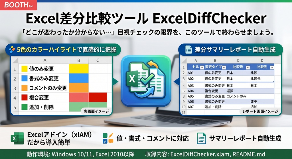 Excel差分比較ツール (ExcelDiffChecker) 「どこが変わったか分からない…」目視チェックの限界を、このツールで終わらせましょう。