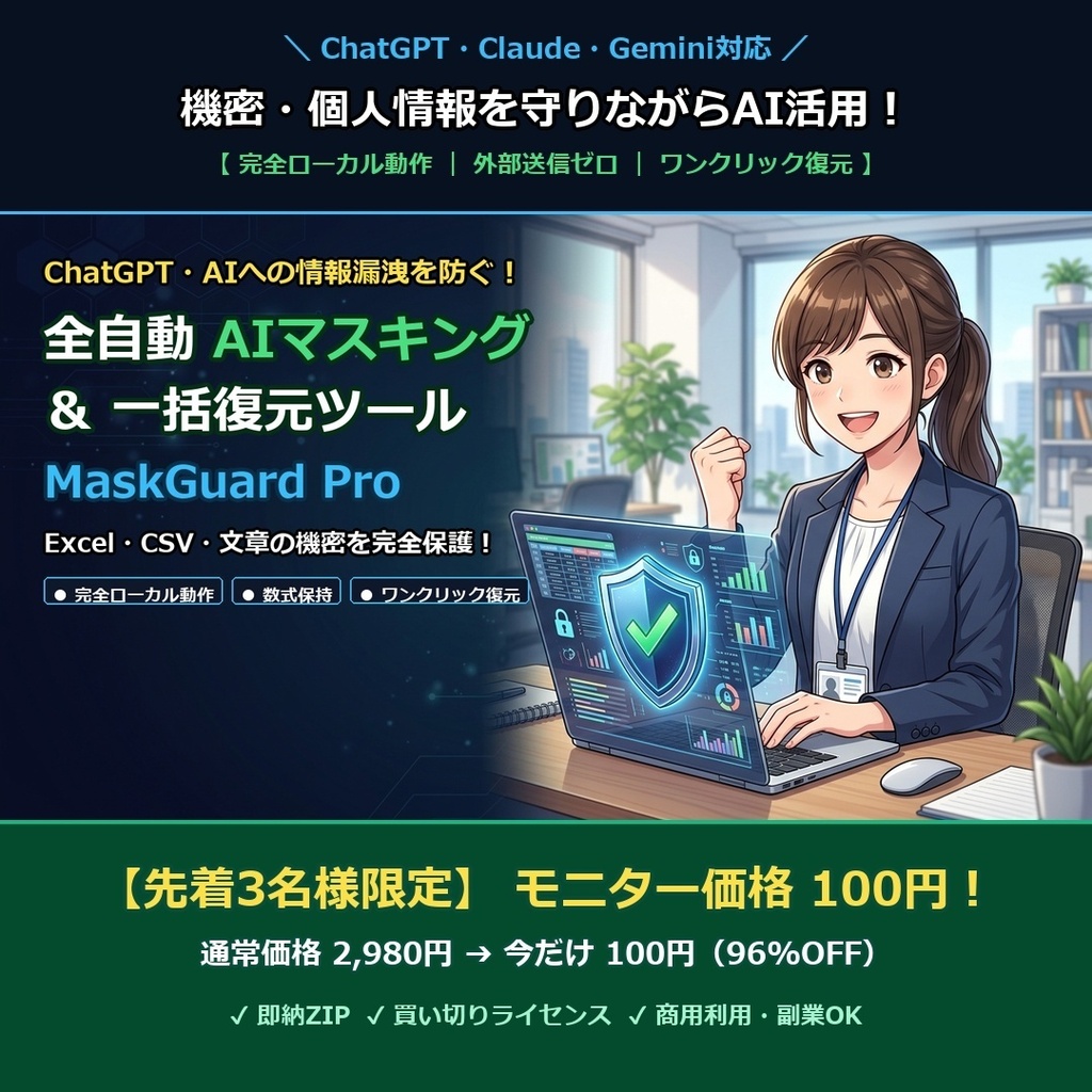 【完全ローカルAI】MaskGuard Pro｜ChatGPT・生成AI用 機密情報マスキング＆一括復元ツール（Excel/CSV/Word/PDF対応）