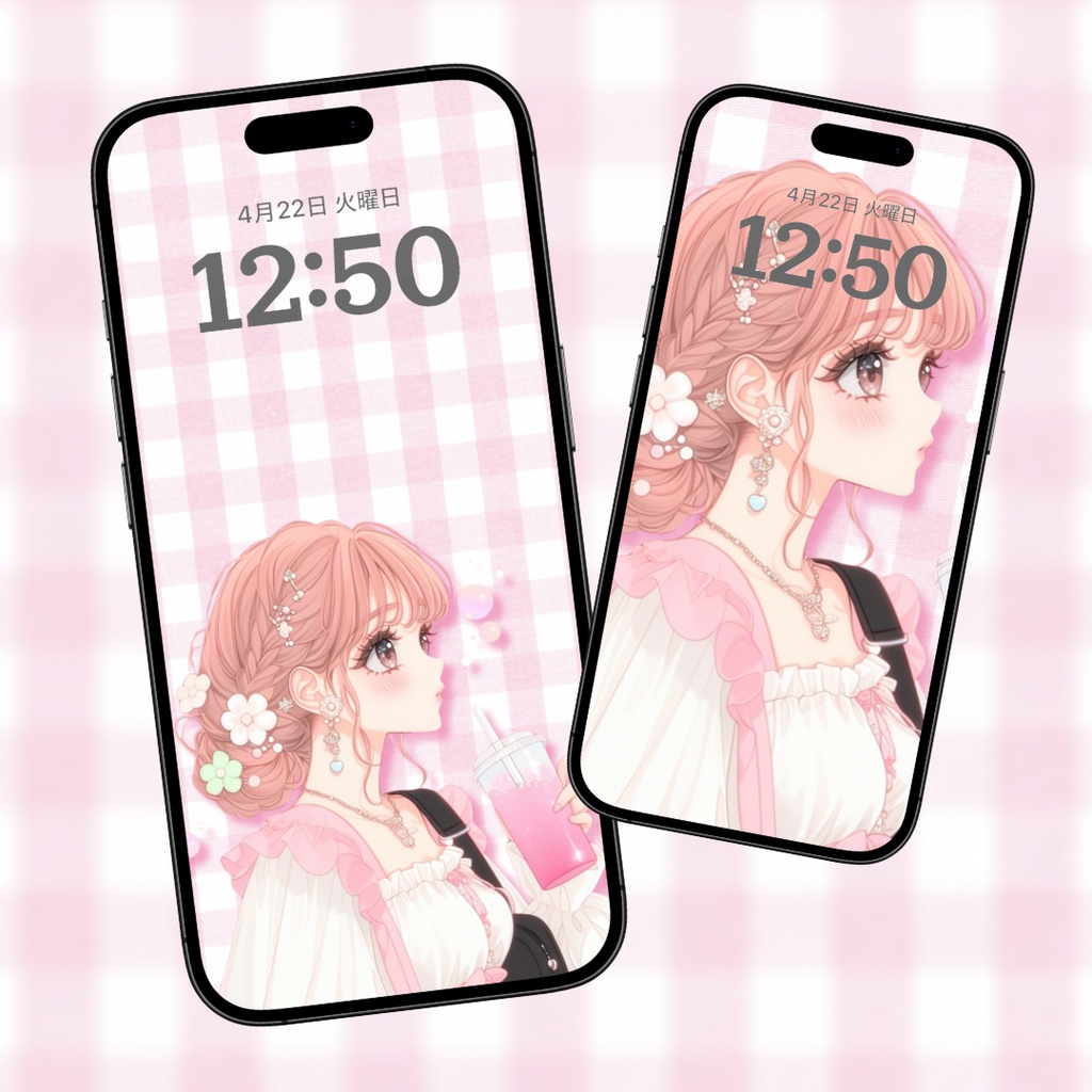 スマホ壁紙 ピンク×ギンガムチェック