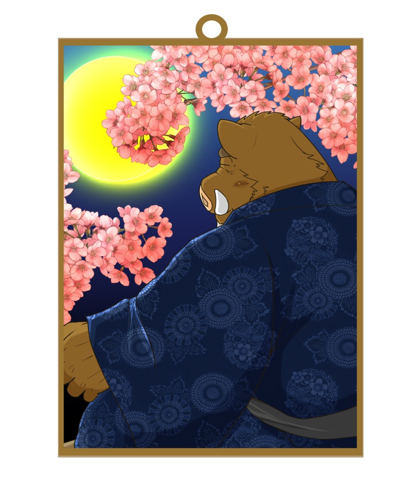 夜桜花見の猪頭㐂福禄さん木製キーホルダー