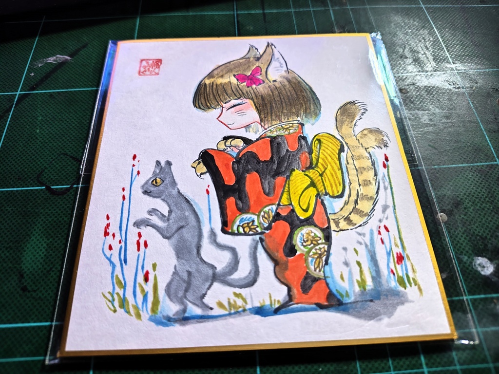 化け猫むすめミニ色紙（一点もの）（手描き）