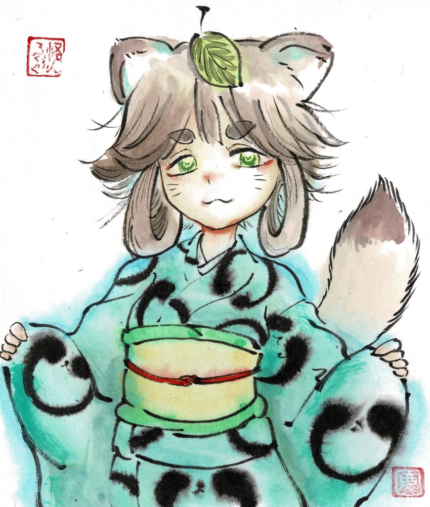 妖怪墨彩画ミニ色紙原画『たぬき姉さん』