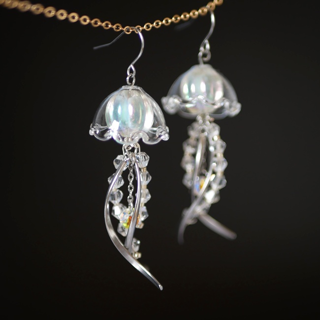 ガラスのクラゲシャンデリアピアス・イヤリング シルバー