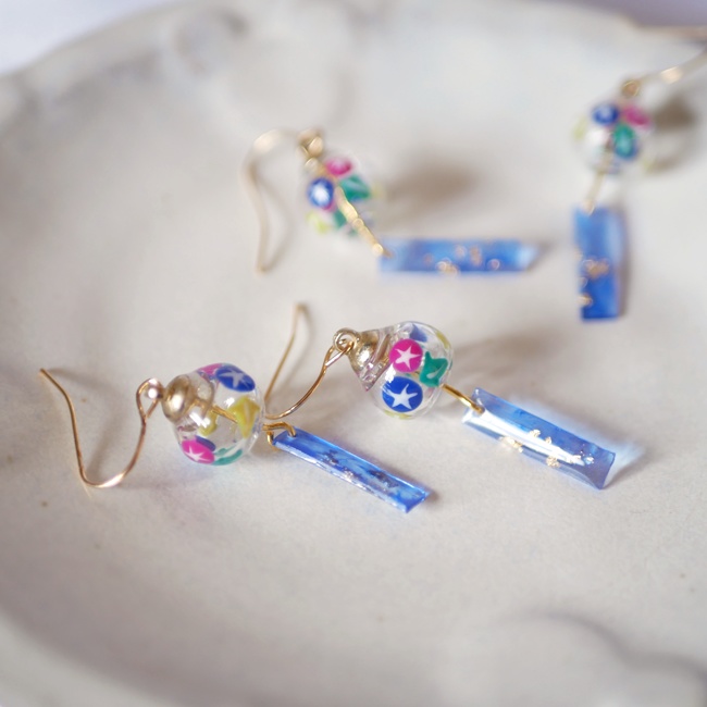 手描きの朝顔風鈴ピアス・イヤリング