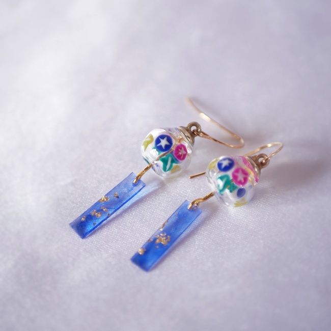 手描きの朝顔風鈴ピアス・イヤリング