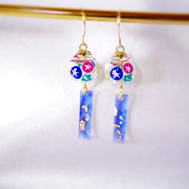 手描きの朝顔風鈴ピアス・イヤリング