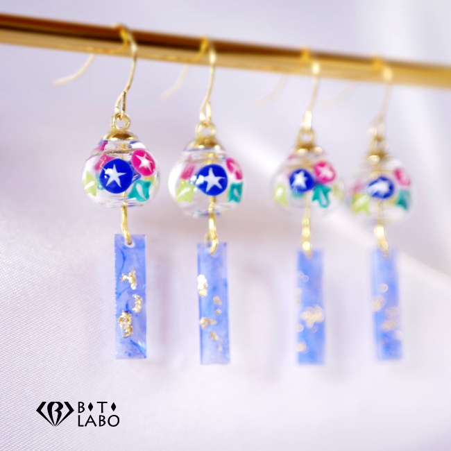手描きの朝顔風鈴ピアス・イヤリング