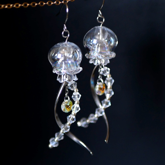ガラスのクラゲオーロラフレアピアス シルバー