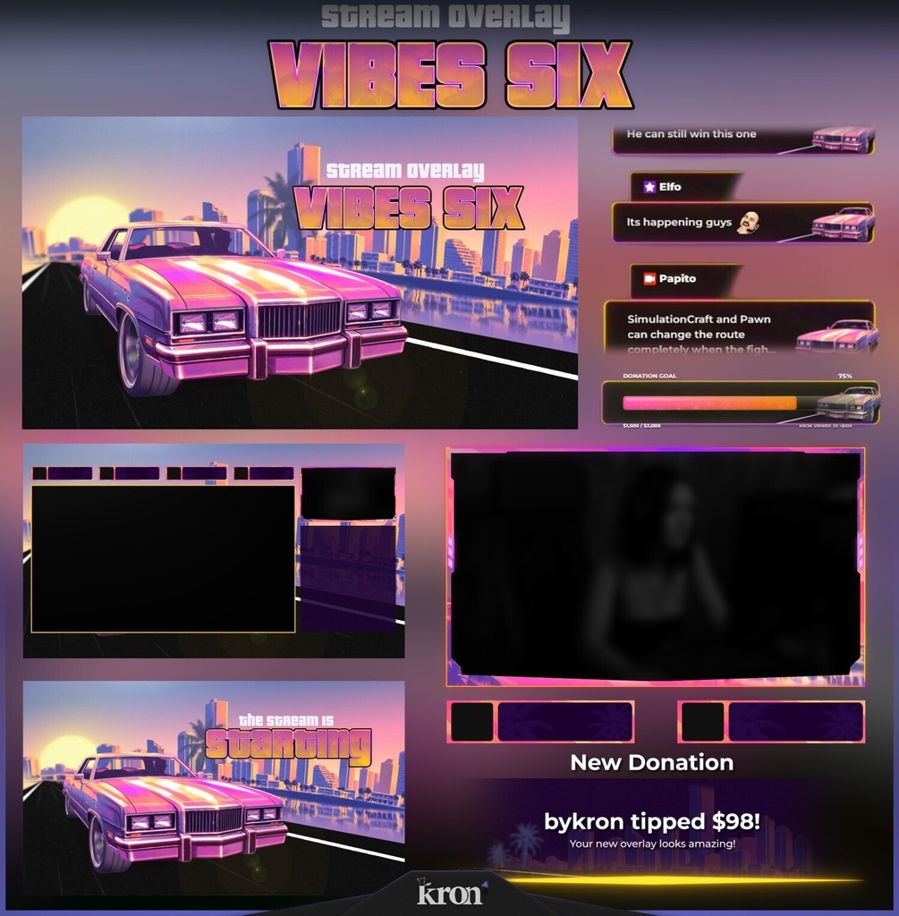〖配信者向け〗Vibes Six|レトロ・マイアミ 動く配信画面|OBS対応オーバーレイ
