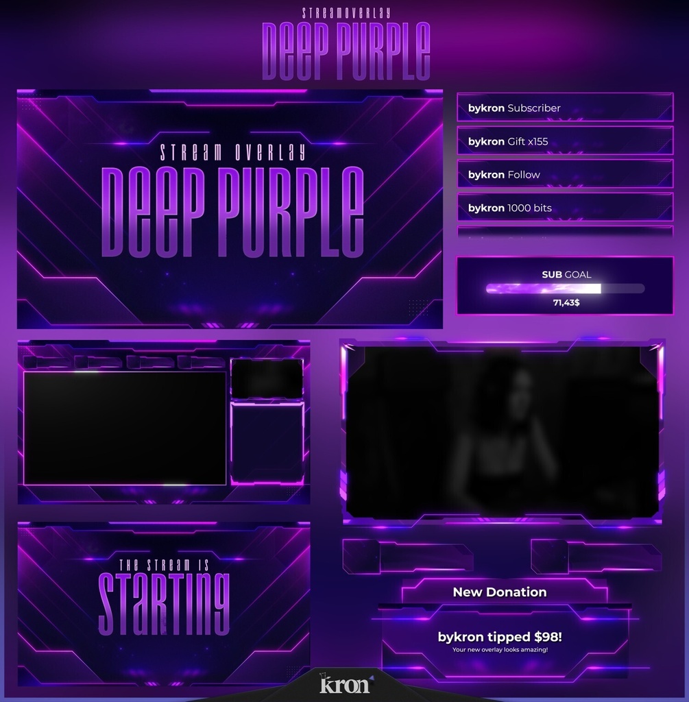 〖配信者向け〗Deep Purple｜パープルネオン 動く配信画面｜OBS対応オーバーレイ