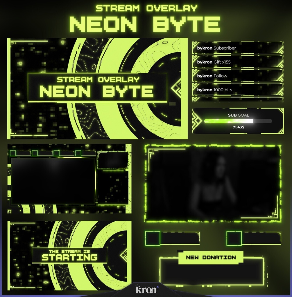 〖配信者向け〗Neon Byte|ネオングリーン・デジタル 動く配信画面|OBS対応オーバーレイ